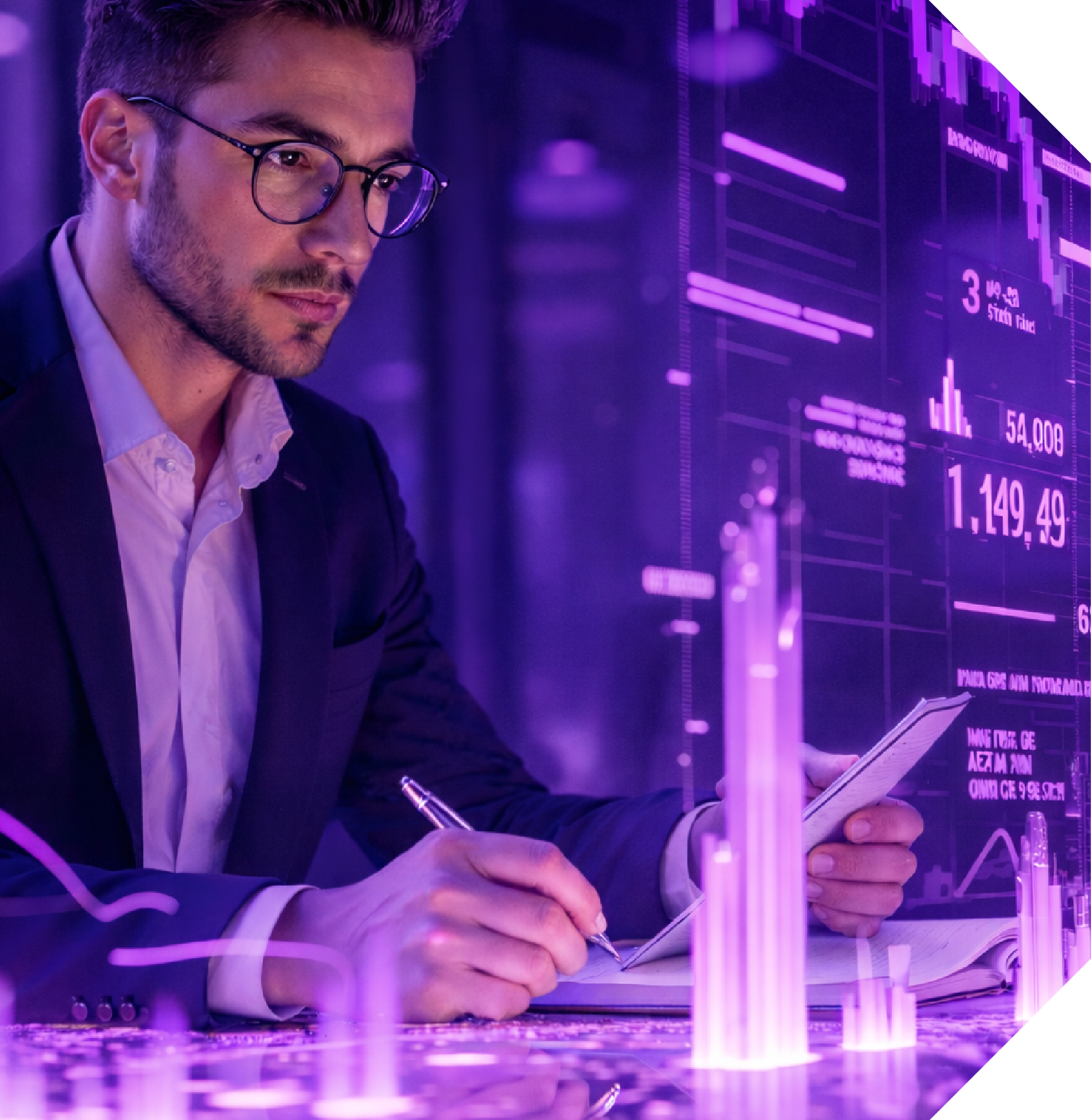 Man in glasses and suit examines data visualizations, taking notes. Purple-lit office setting. Hercules FX