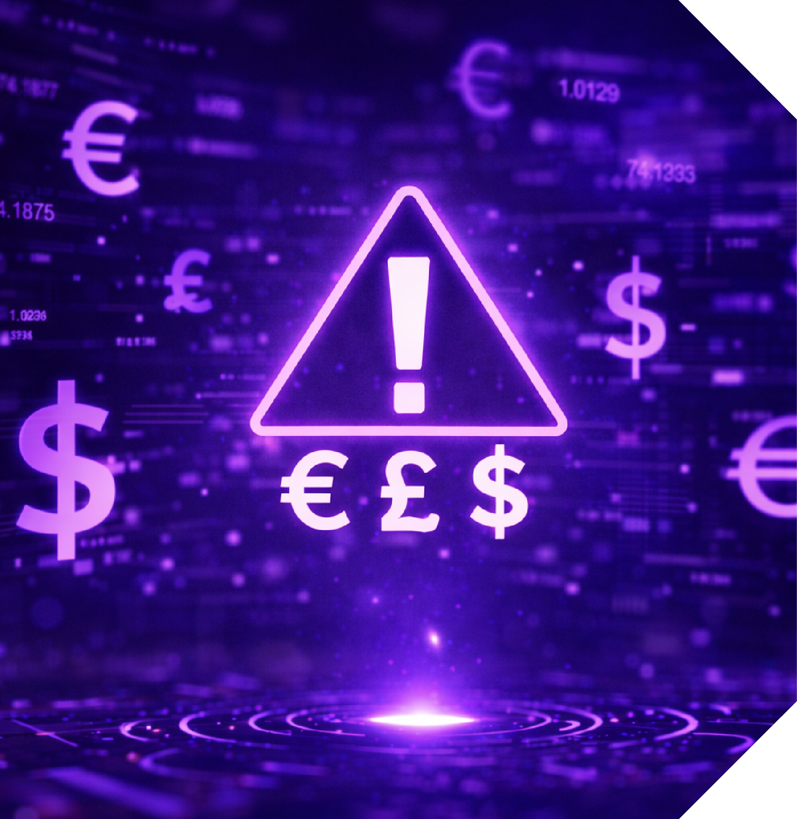 Purple digital background with currency symbols and an exclamation point in a triangle. Hercules FX