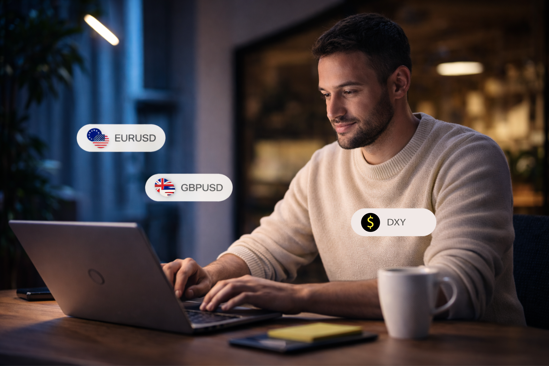 Man working on laptop, trading currency. USD/JPY and GBP/USD displays present. Evening setting. Hercules FX