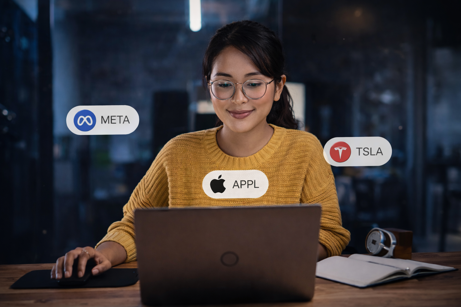Woman using laptop, three floating stock symbols (Meta, Apple, Tesla) displayed. Hercules FX