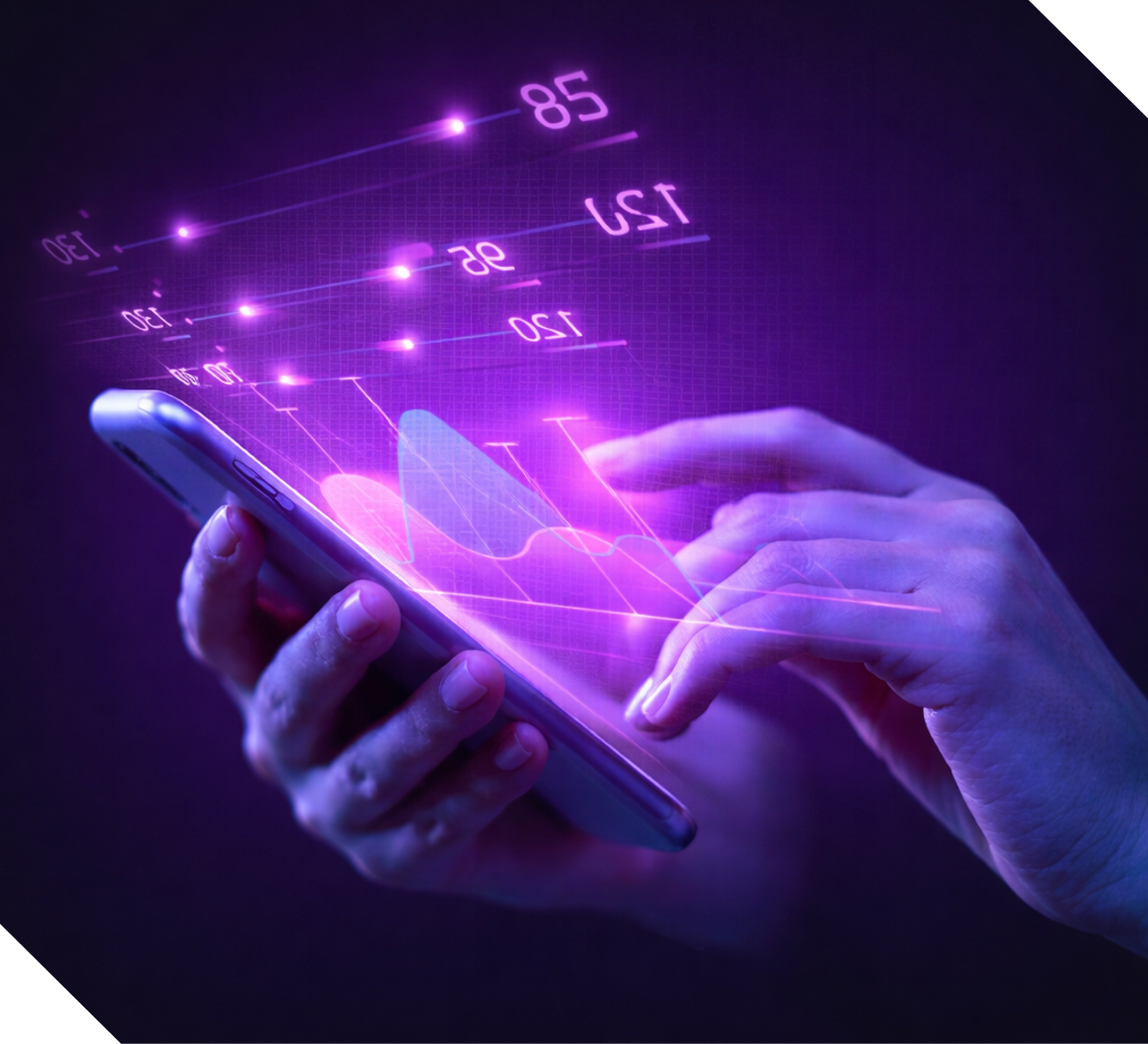 Hands holding a glowing smartphone displaying data and a purple graph against a dark background. Hercules FX