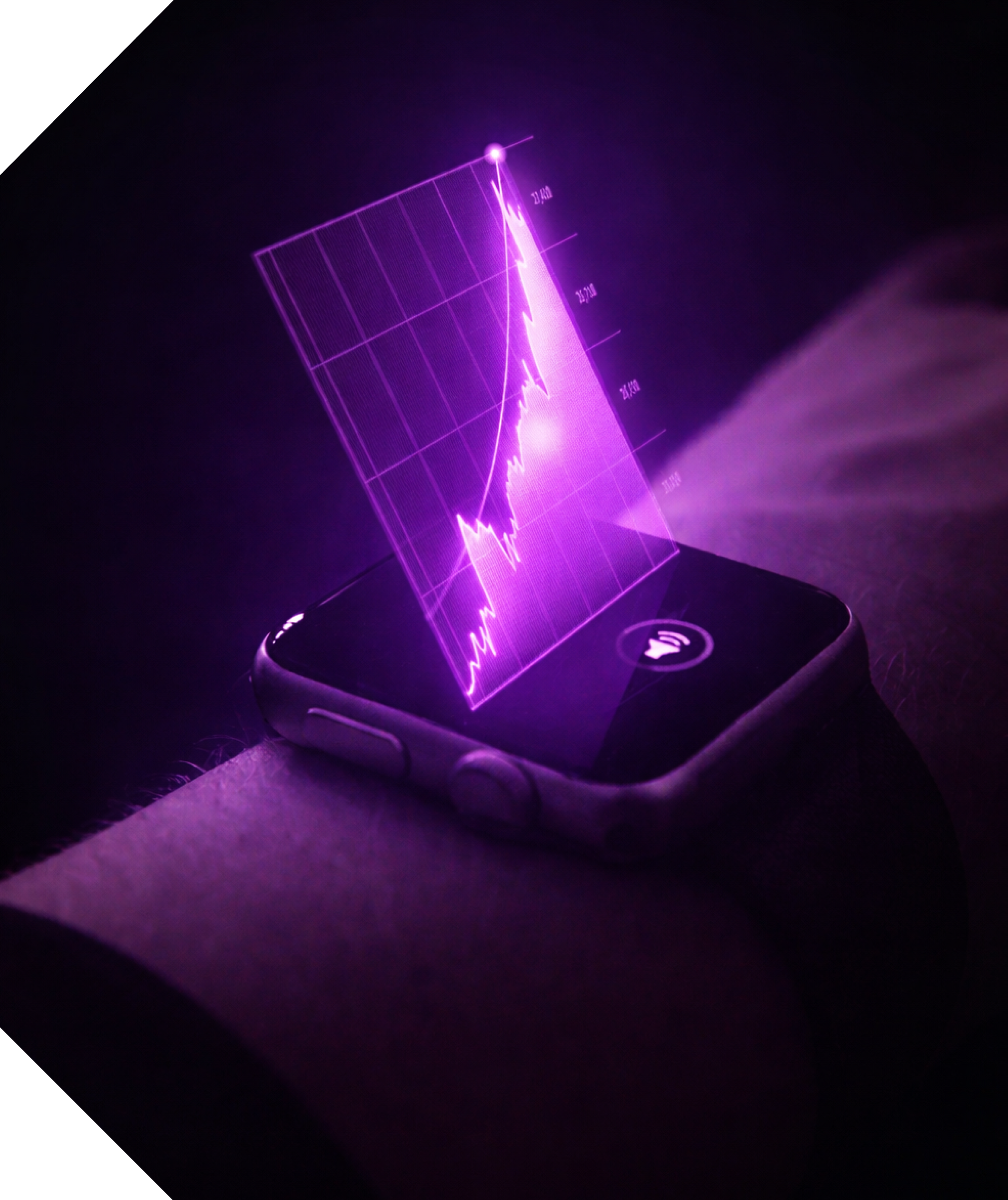 Purple graph projected from smartwatch on wrist, data visualization. Hercules FX