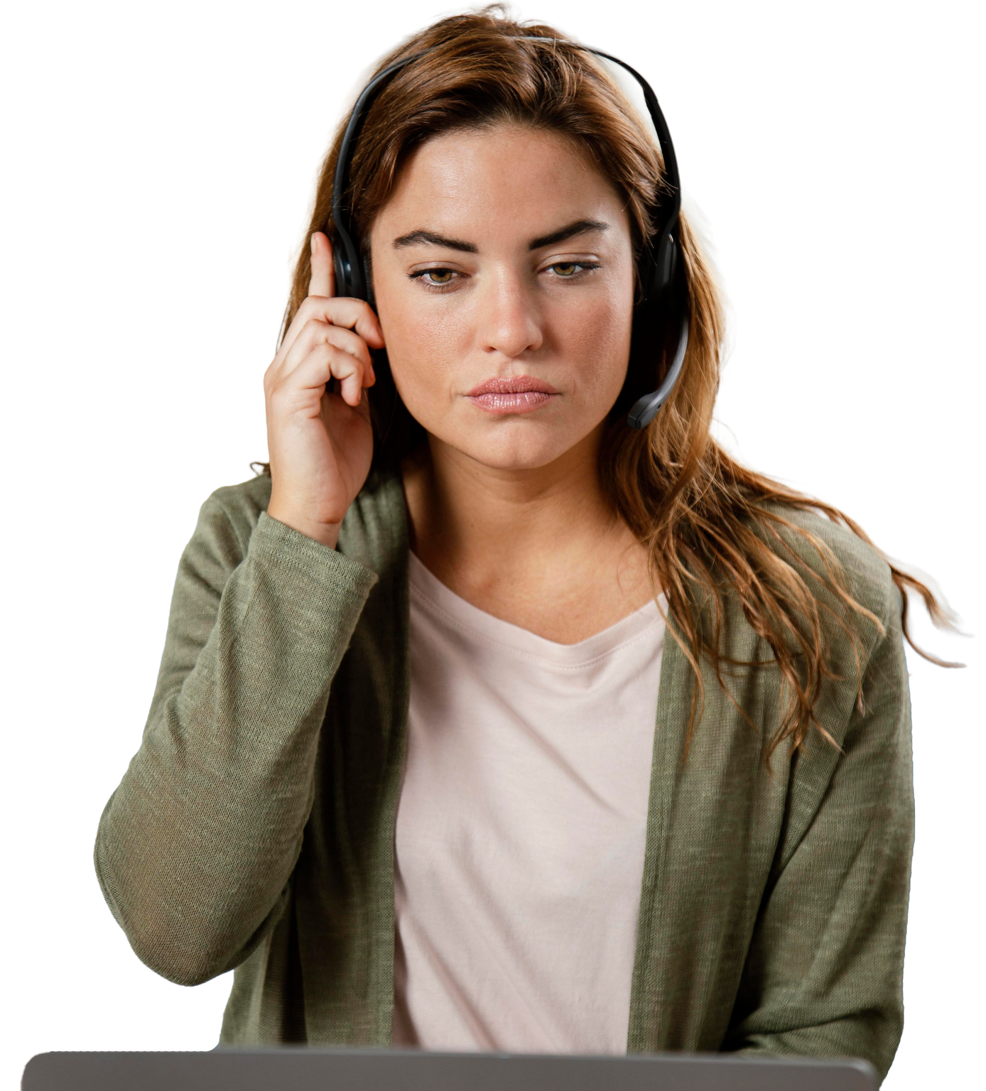 Woman wearing a headset, adjusting it, looking at a laptop screen. She has a neutral expression. Hercules FX