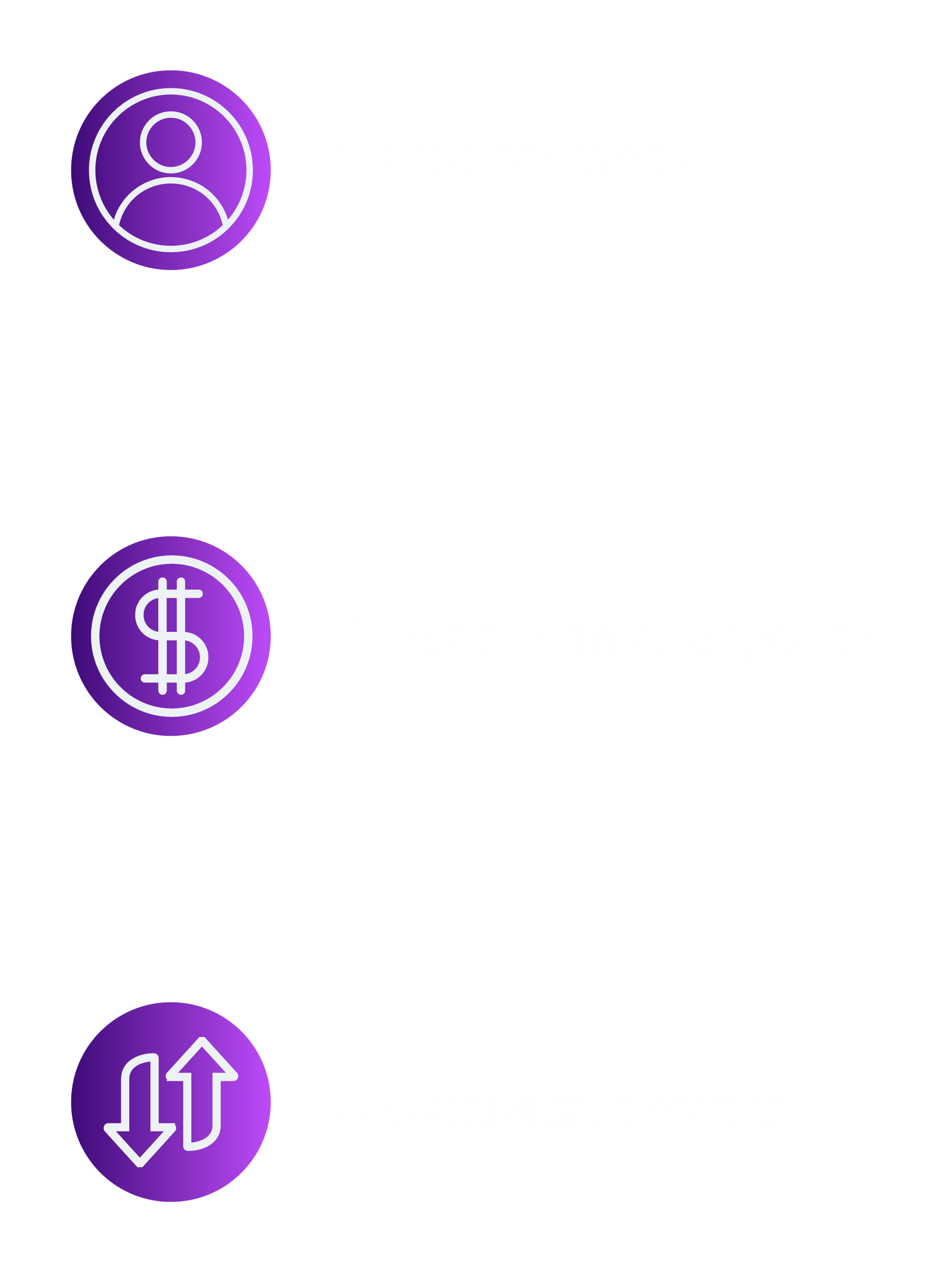 Icons: Person, dollar sign, up/down arrows, purple gradient circles. Hercules FX