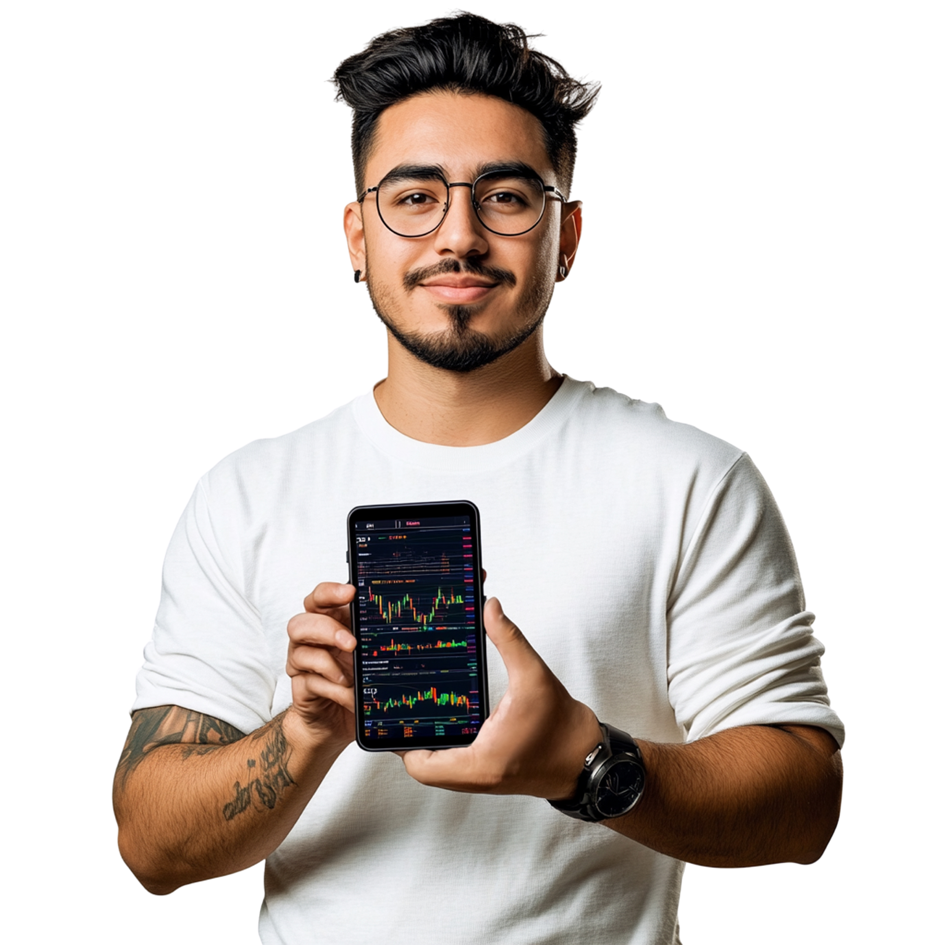 Man holding smartphone displaying stock charts. Hercules FX