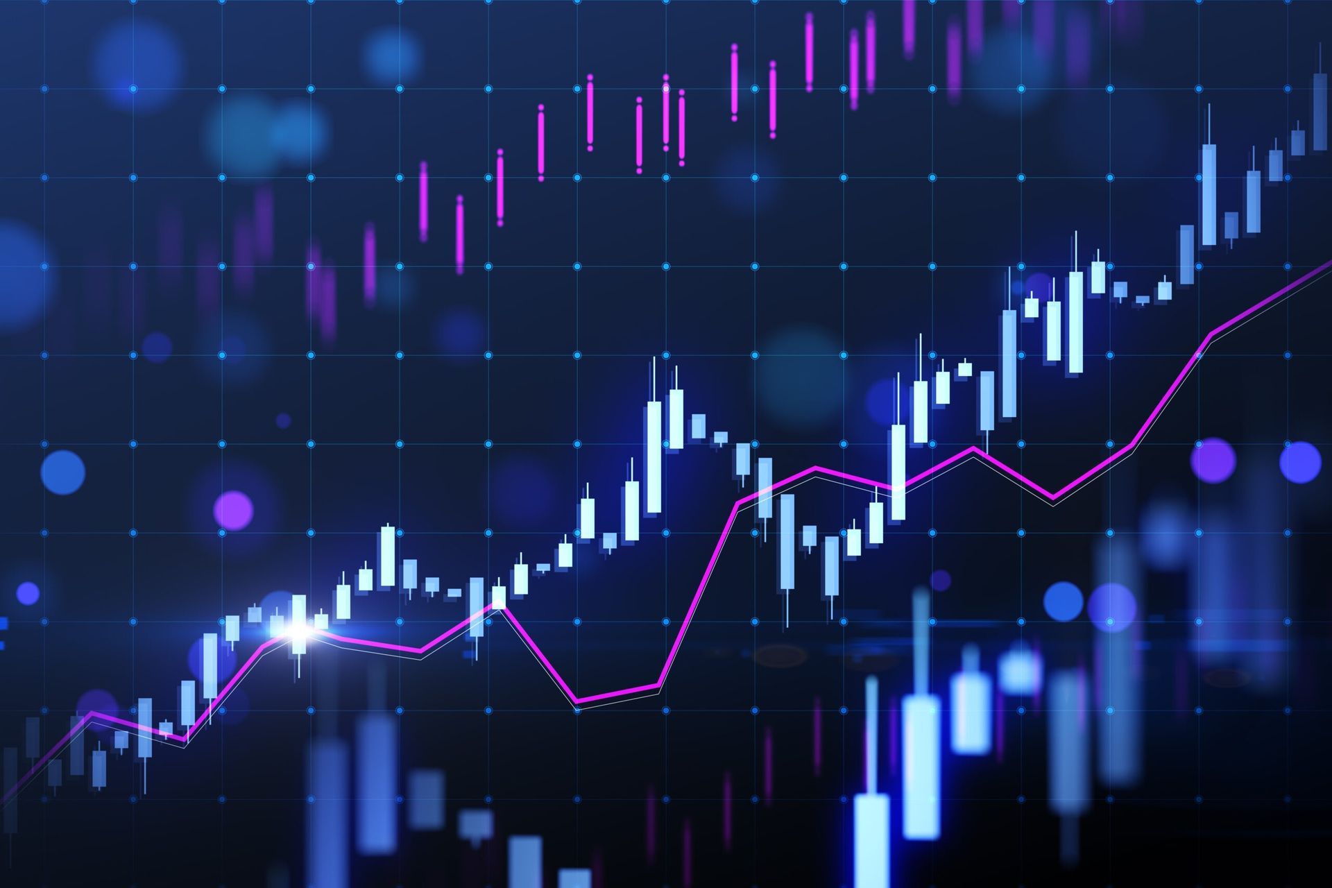 Financial stock chart rising with purple and white bars against a dark blue background. Hercules FX