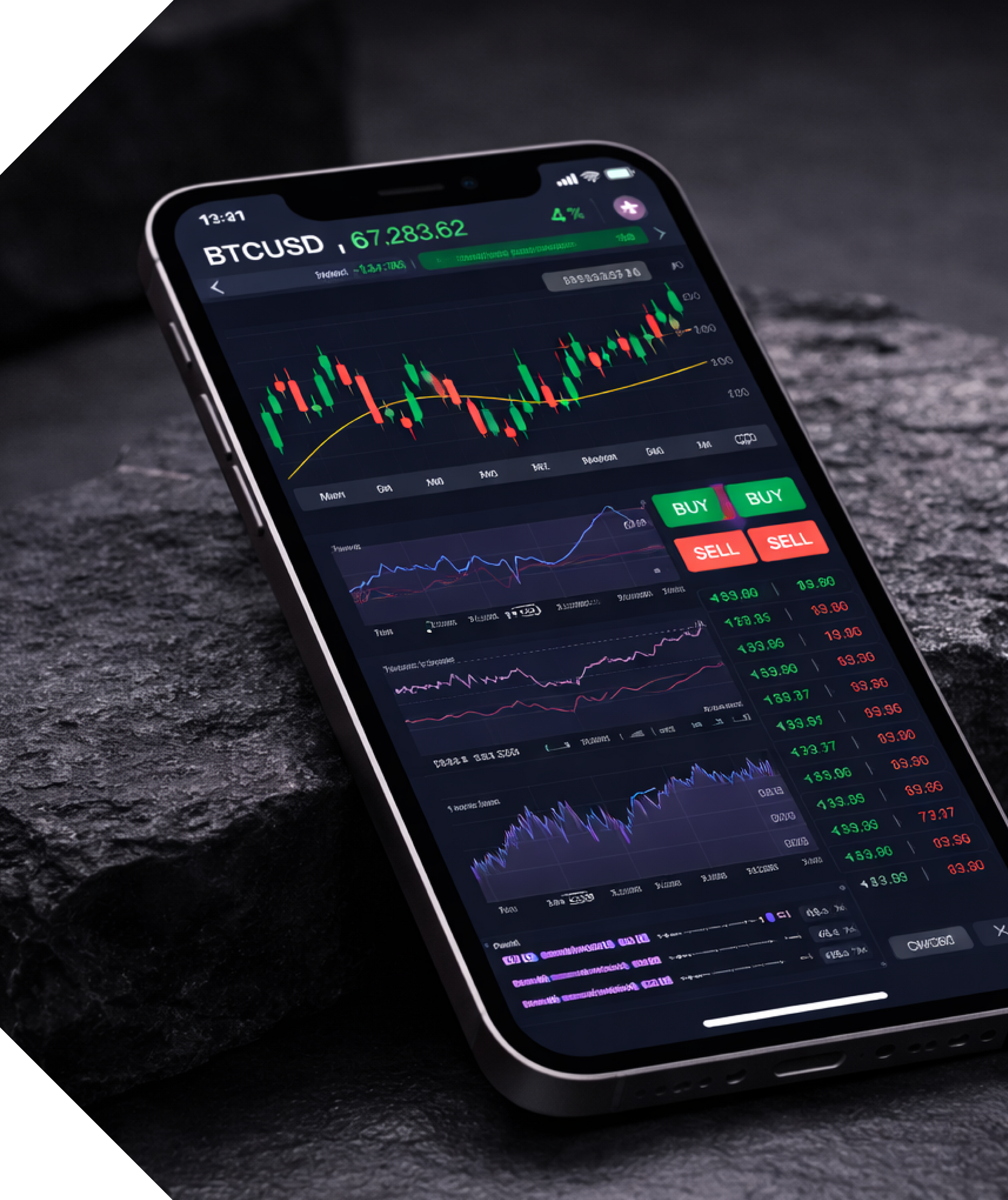 Smartphone displaying stock market graphs and data, on a dark stone surface. Hercules FX