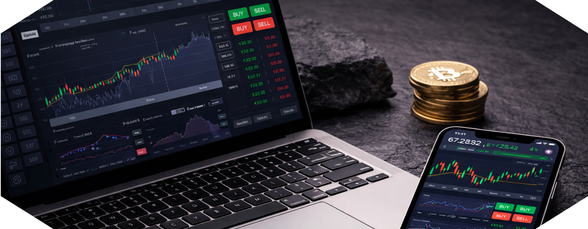 Laptop and phone displaying stock charts with Bitcoin coins on a dark surface. Hercules FX