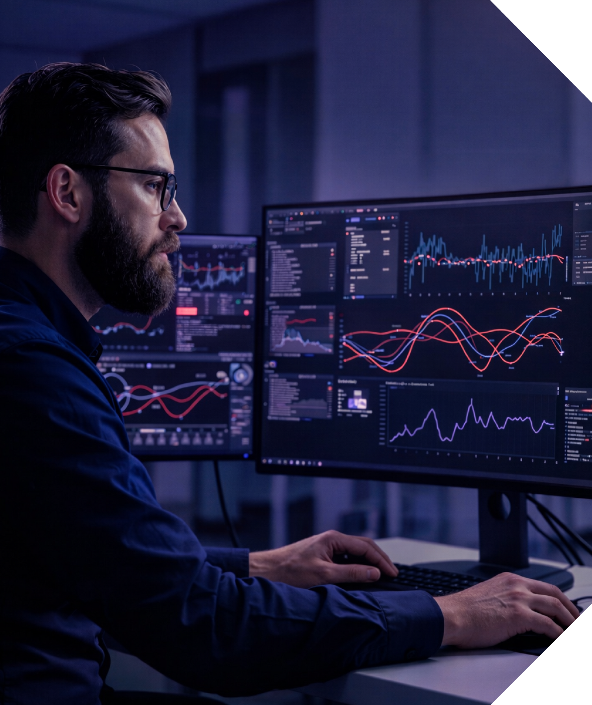 Man with glasses analyzing data on multiple computer screens in a dark room. Hercules FX