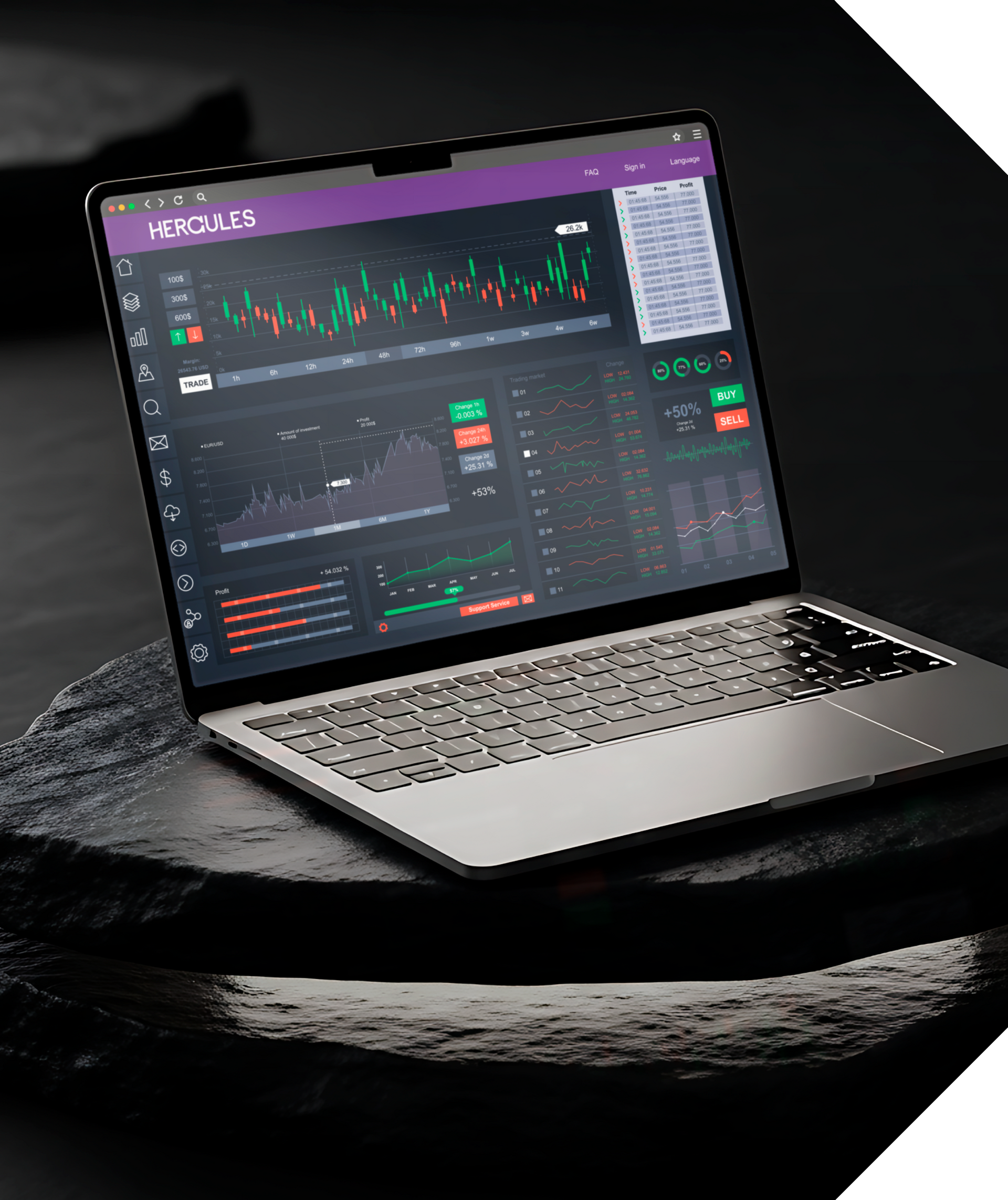 Laptop displaying stock market data, on a dark, textured surface. Hercules FX