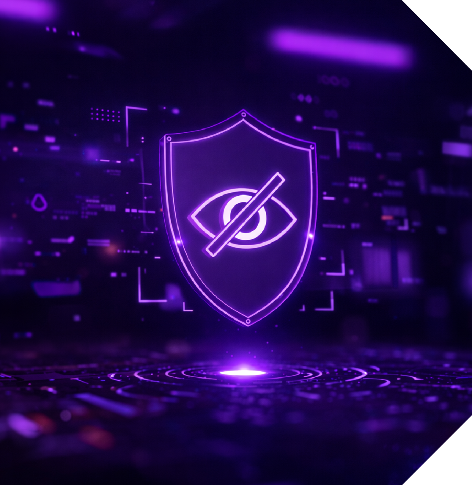 Purple shield with crossed-out eye, glowing on a circuit board, suggesting data privacy and security. Hercules FX