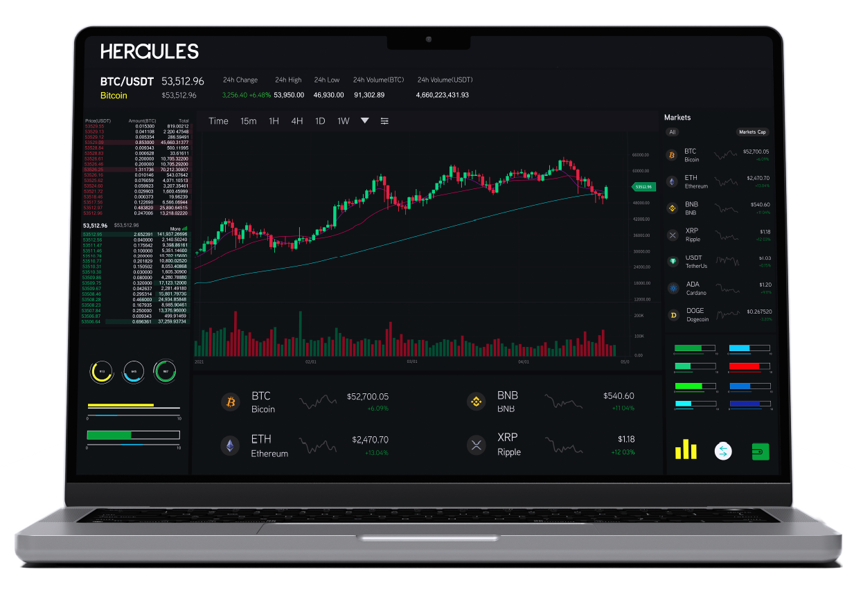 Laptop displaying a stock market trading platform interface with green and red charts. Hercules FX