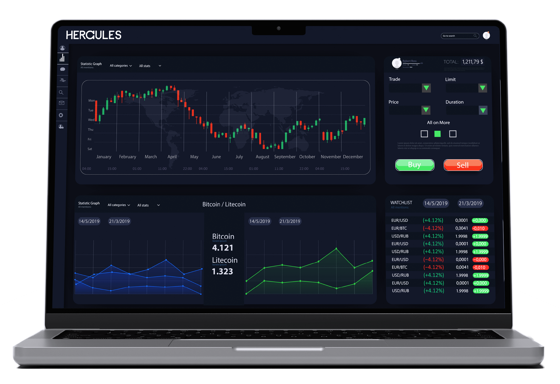 Laptop displaying a trading interface with stock charts and data visualizations. Hercules FX