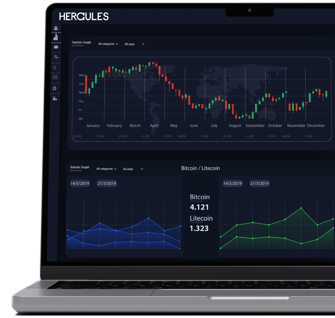 Laptop displaying stock market graphs in green and red against a dark background. Hercules FX