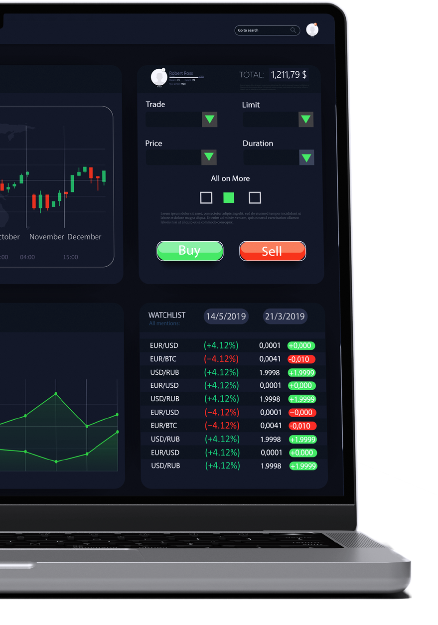 Laptop screen displaying a stock trading platform with charts, order details, and buy/sell buttons. Hercules FX