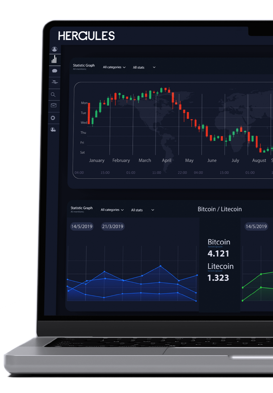 Laptop displaying trading data with charts and graphs, dark mode interface. Hercules FX