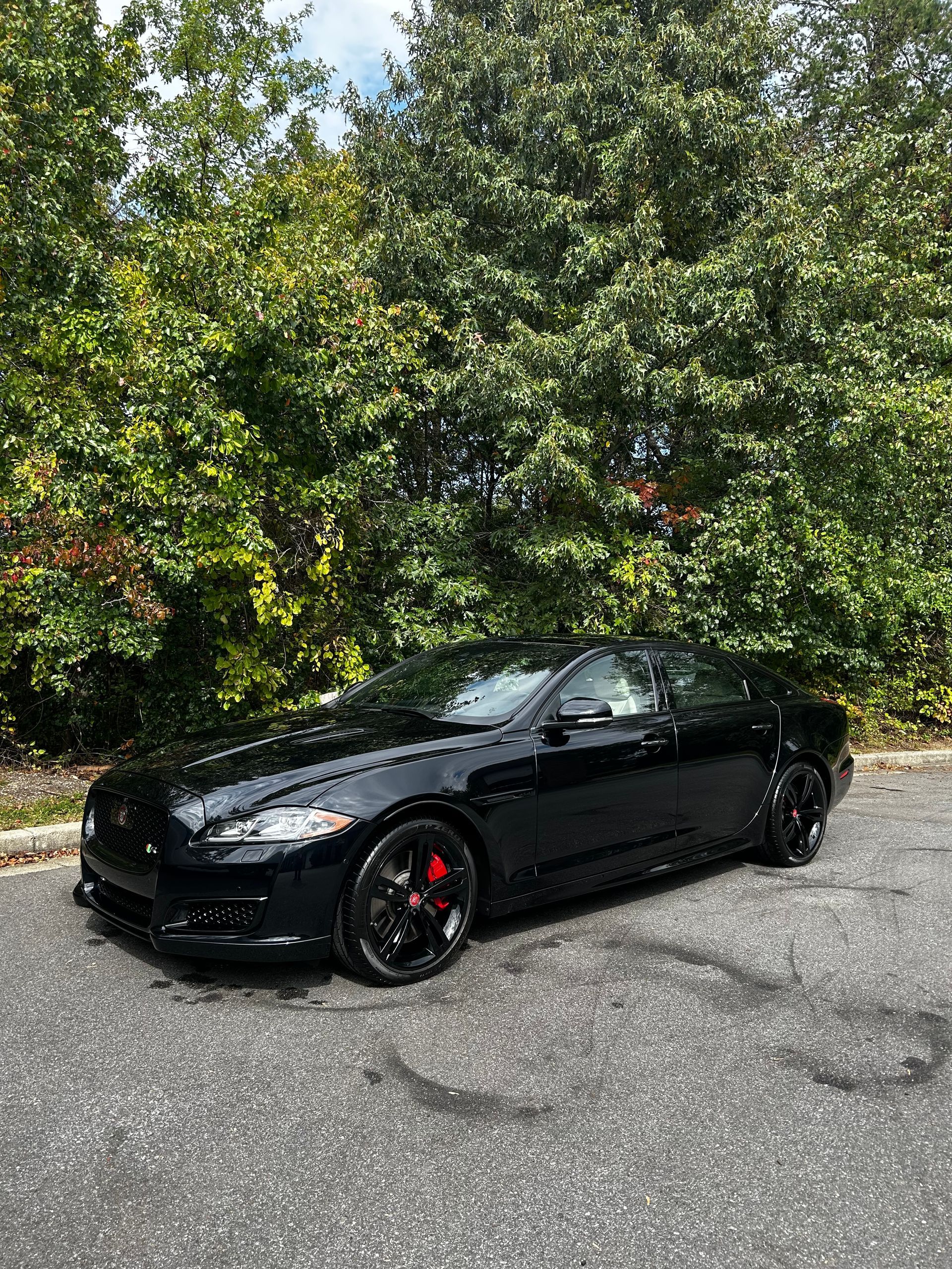 A black sports car is parked on the side of the road in front of trees.