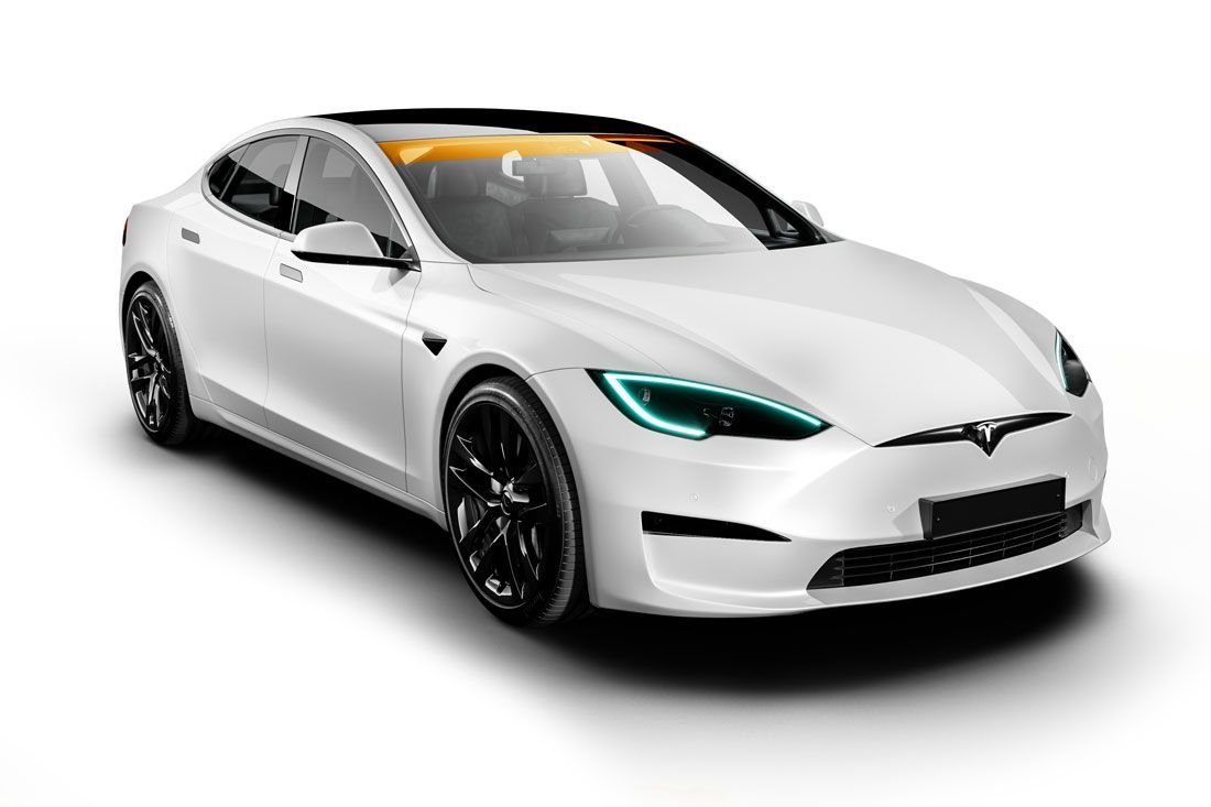 White Tesla Model S sedan with black rims on a white background.
