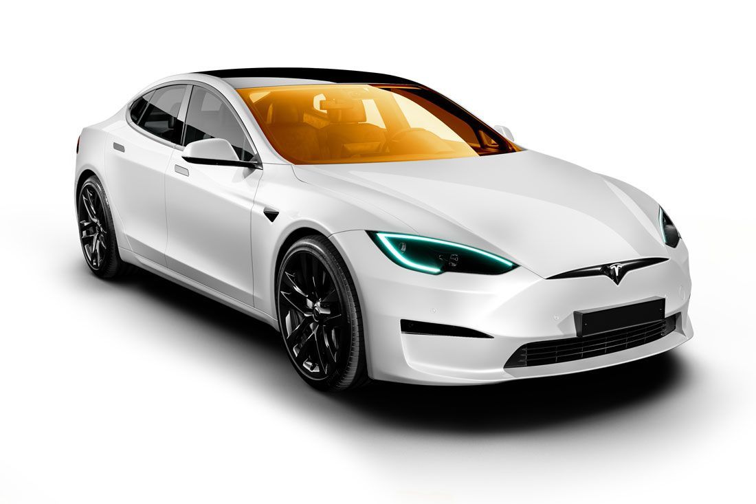 White Tesla Model S car on a white background, with black wheels and a panoramic roof.