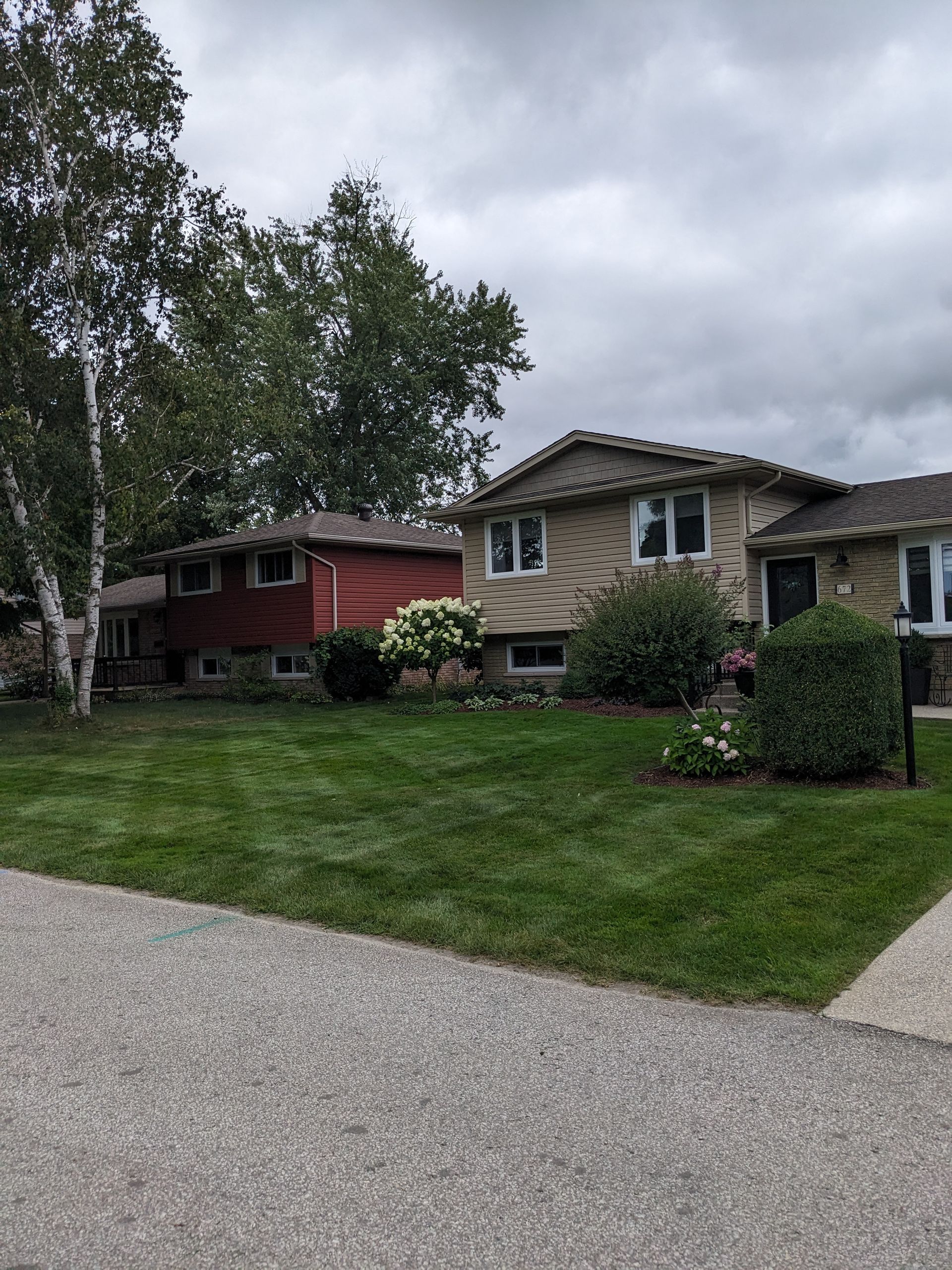 A house with a lush green lawn and a driveway in front of it.
