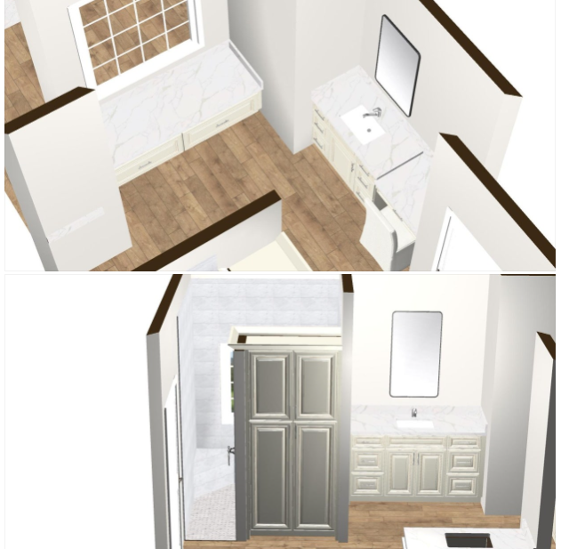 Two 3D floor plan renderings of a modern bathroom with light wood flooring, marble-topped cabinets, and a tall gray unit.