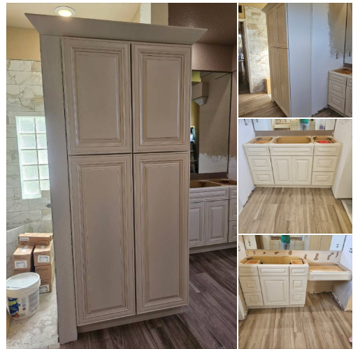 A bathroom renovation in progress featuring a tall light-grey cabinet and light-colored vanity cabinets on wood flooring.