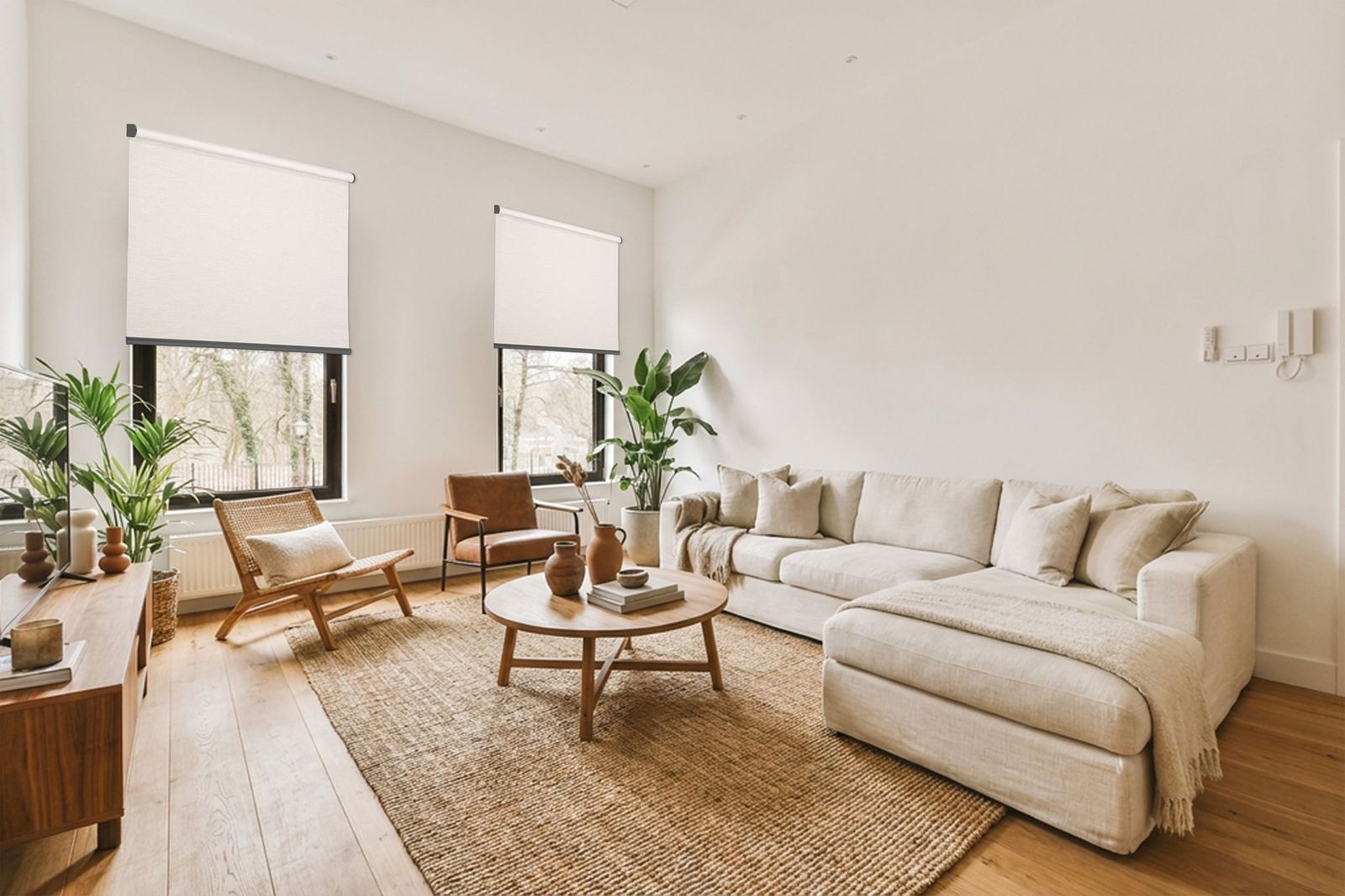 A bright living room with a beige sectional sofa, a wooden coffee table on a jute rug, and two windows with white blinds.