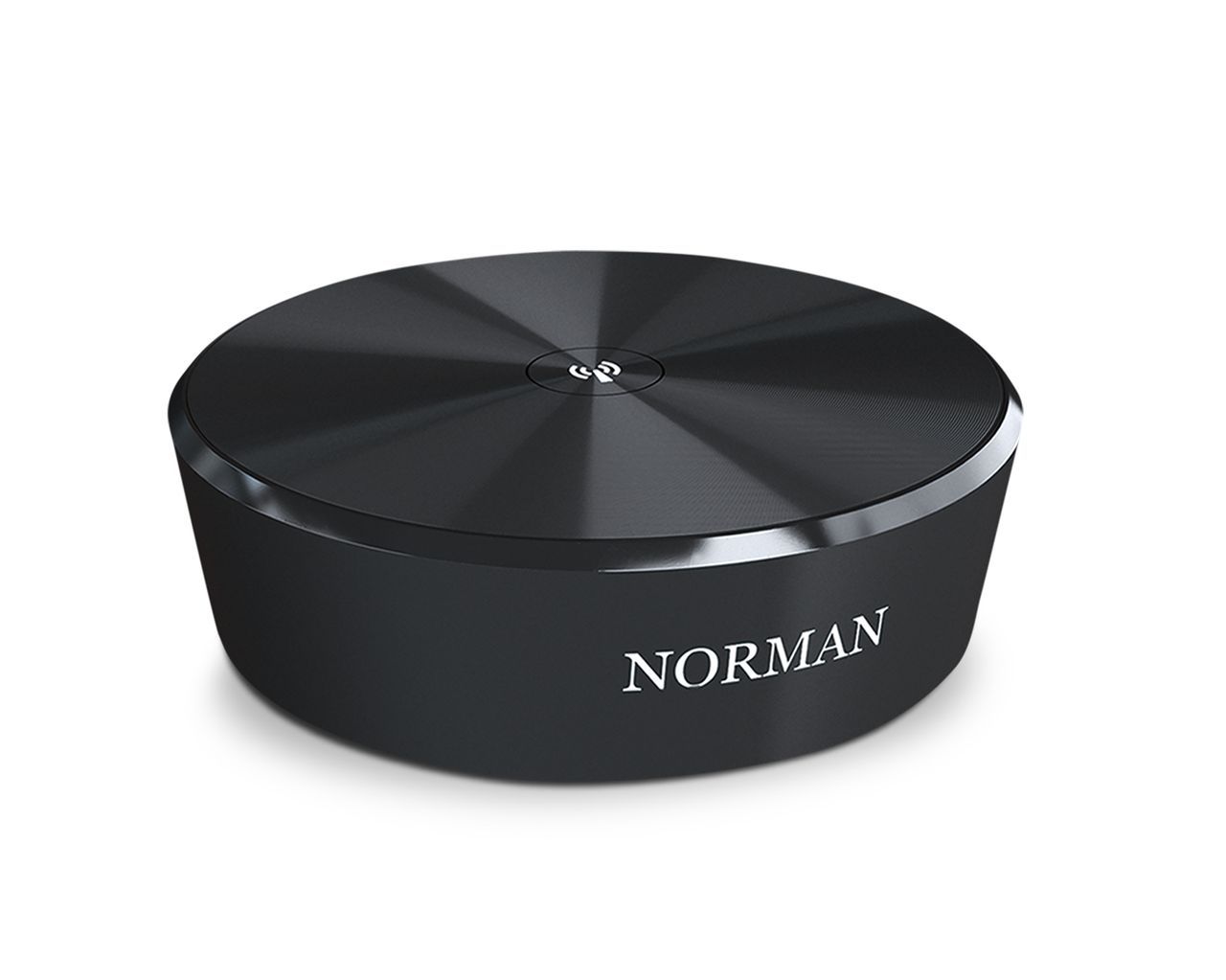 A black, circular smart home hub device with a radial brushed metal top and the brand name 