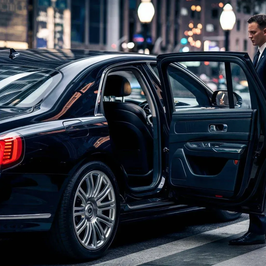 Man in suit getting out of black car on city street.
