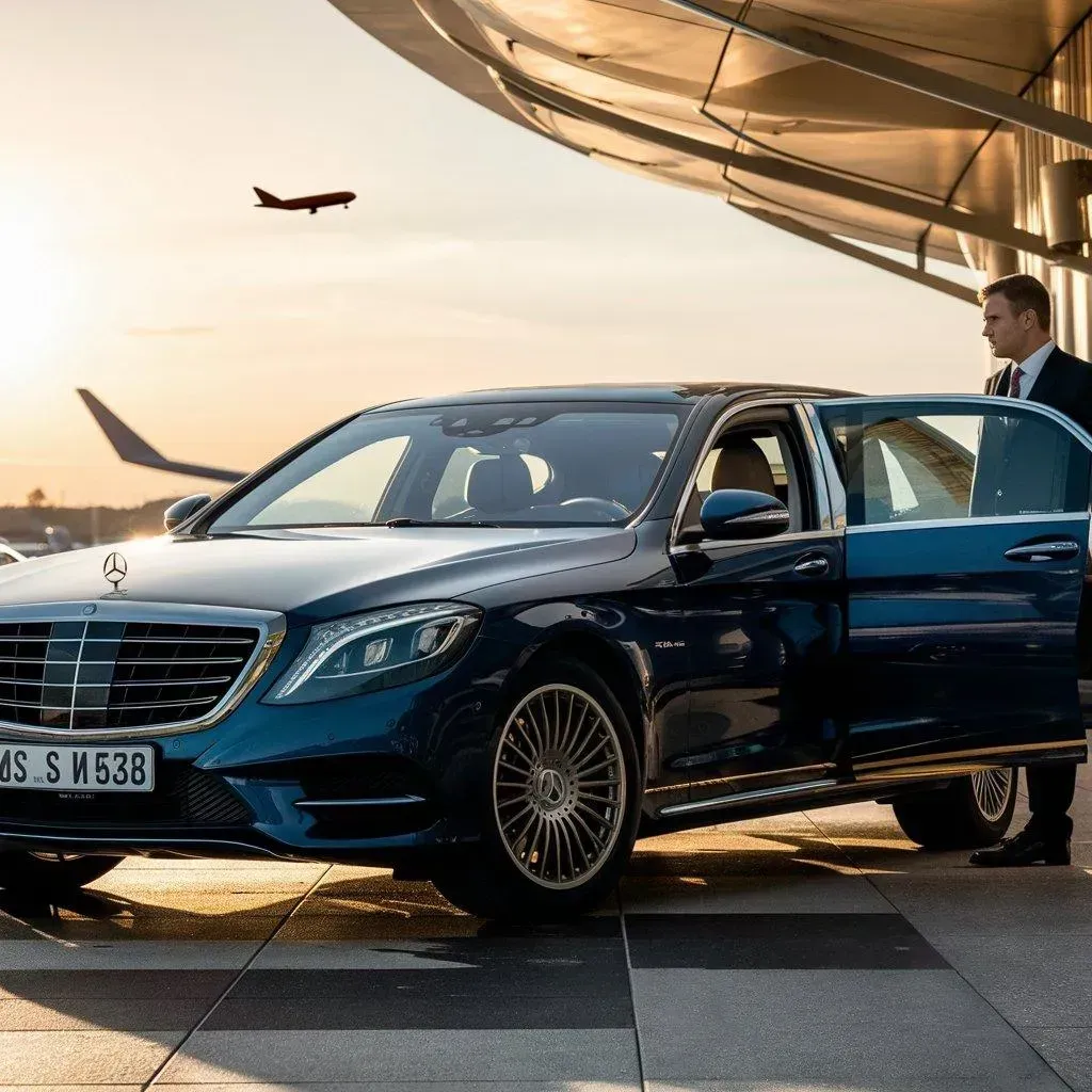 Blue Mercedes sedan with a chauffeur at an airport, airplane in the background.