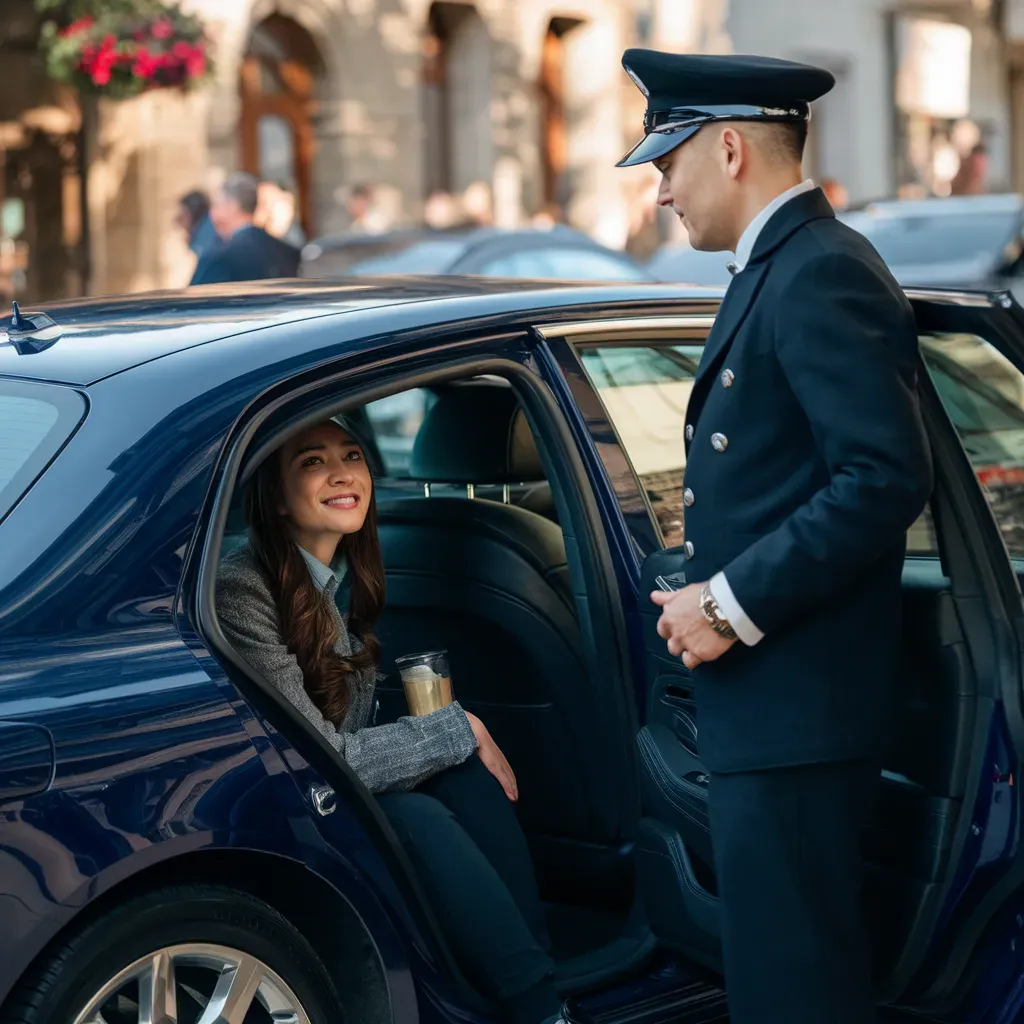Woman exiting a blue car as a chauffeur opens the door. Outdoors, sunny.
