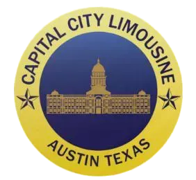Capital City Limousine logo with Austin, Texas State Capitol building in a gold and blue circle.