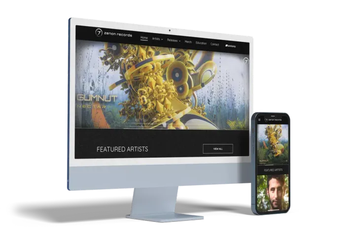 Design do site exibido em um computador desktop e em um smartphone, ambos mostrando a mesma imagem.