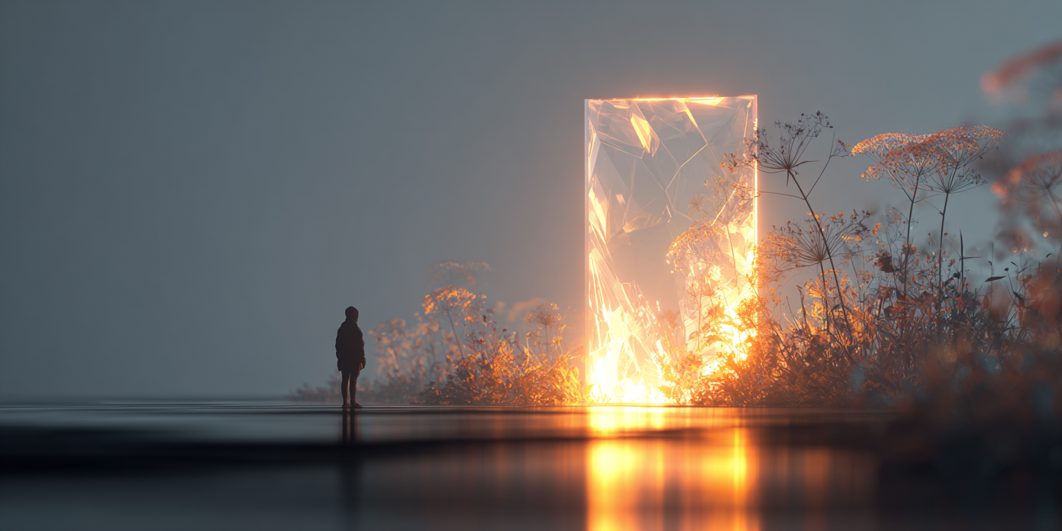 Uma pessoa está diante de um portal brilhante em uma paisagem enevoada.