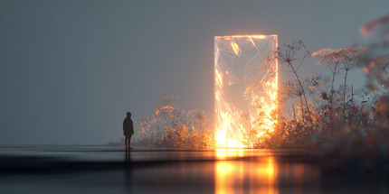 Uma figura solitária permanece diante de um portal brilhante em uma paisagem nebulosa e silenciosa.