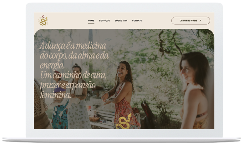 Página inicial do site com três mulheres dançando na natureza; texto sobreposto.