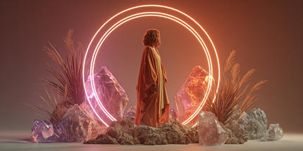 Uma pessoa vestida com um manto laranja está de pé diante de um círculo de néon e cristais.