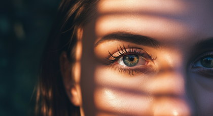 Close-up do olho de uma pessoa, iluminado pela luz do sol que filtra através de persianas. Olho verde, luz dourada, padrão de sombras.