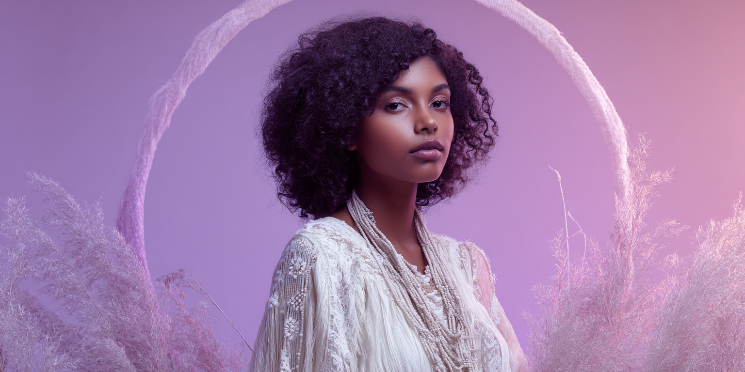 Mulher com cabelo escuro encaracolado e blusa branca com franjas, em um fundo com tons suaves de rosa e roxo.