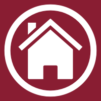White house icon inside a white circle on a dark red background