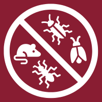 White no-pests symbol on red background showing crossed-out mouse, flies, and insects.