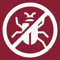White insect bug symbol crossed out on a dark red square, indicating no bugs or pests.