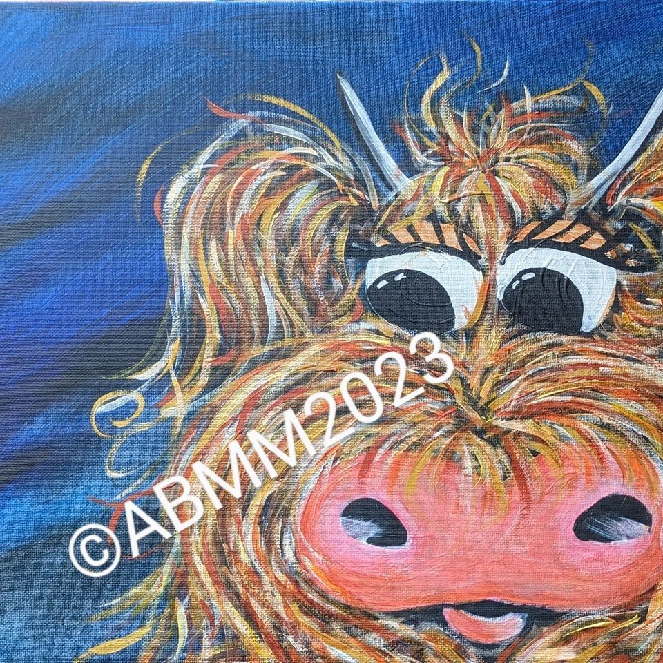 Funky metallic Highland cow, with hints of bronze, golds , silver and browns on a midnight blue background