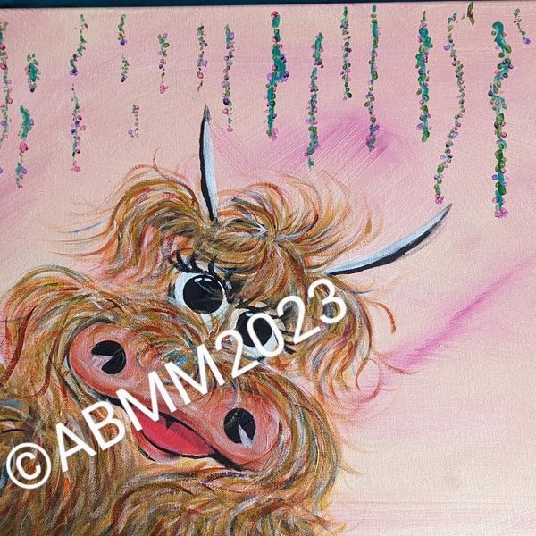 Signature highland cow with Rainbow fur /hair on pink/cream background and hanging violet tendrals.