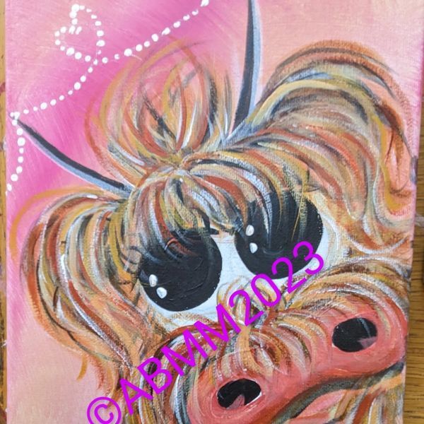 Funky metallic Highland cow, with hints of bronze, golds , silver and browns on a pink background with dotted heart .