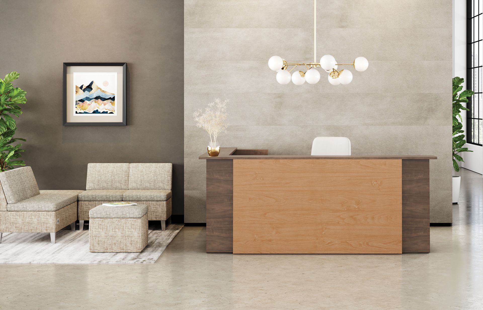 Reception area with wood desk, neutral seating, artwork, and modern chandelier.