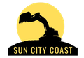 Silhouette of an excavator on a hill, against a yellow sun, with "SUN CITY COAST" below.