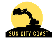 Silhouette of an excavator on a hill, against a yellow sun, with "SUN CITY COAST" below.