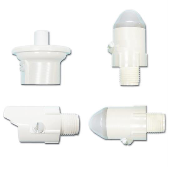 Four different types of white plastic fittings on a white background