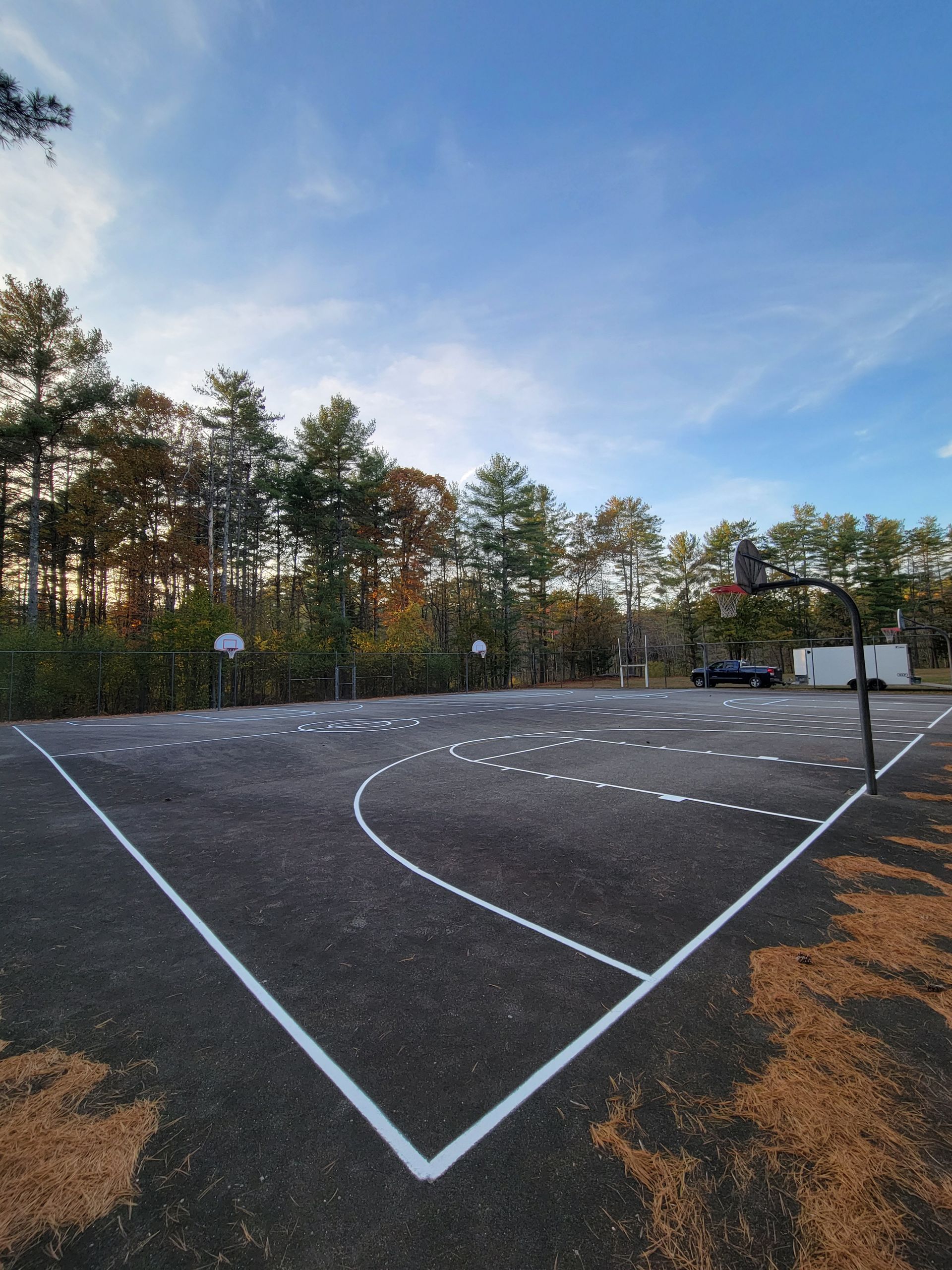 Basketball court with white lines, hoop, and trees under a blue sky.